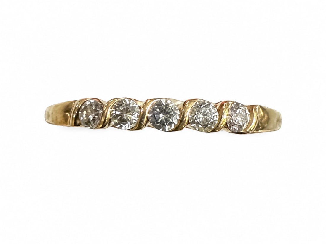 Five-Stone White Gemstone Gold Band Ring: Gold ring featuring five round-cut white gemstones arranged across the front in individual curved settings. Features a classic five-stone band design. Size 10 and marked 925. Ships from Newport Beach,