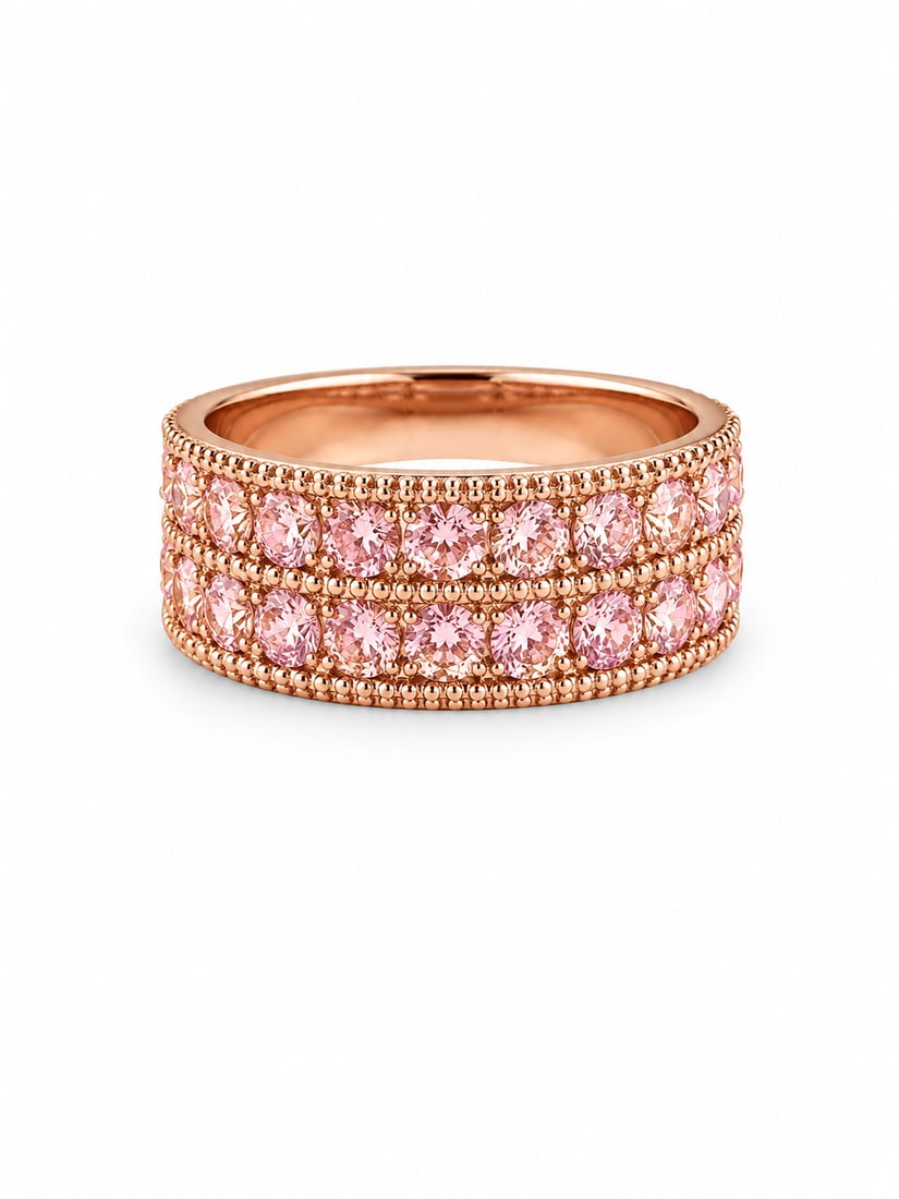 Pink Sapphire Double Row 925 Rose Gold Ring: 925 ring featuring two rows of round-cut pink sapphire-like stones in a wide rose gold setting. Detailed beaded borders frame the stones for a structured double-row design. Size 8 and marked 925. Ship