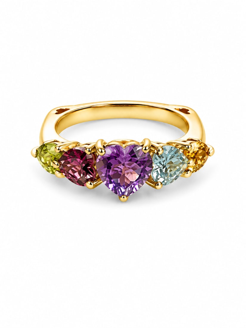 Multi-Gemstone Heart Cut 925 Gold Ring: 925 gold ring featuring a colorful row of heart-cut gemstones, including amethyst purple, garnet pink, aquamarine blue, citrine-colored golden yellow, and peridot-colored green stones. The larger purp