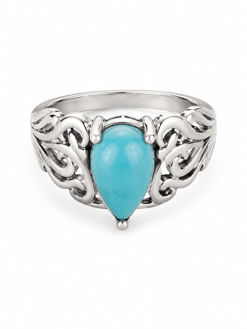 Turquoise Teardrop 925 Silver Filigree Ring: 925 silver ring featuring a teardrop-shaped turquoise center stone framed by an ornate openwork scroll and filigree design. With a wide sculpted setting. Size 9.Ships from Newport Beach, CA.