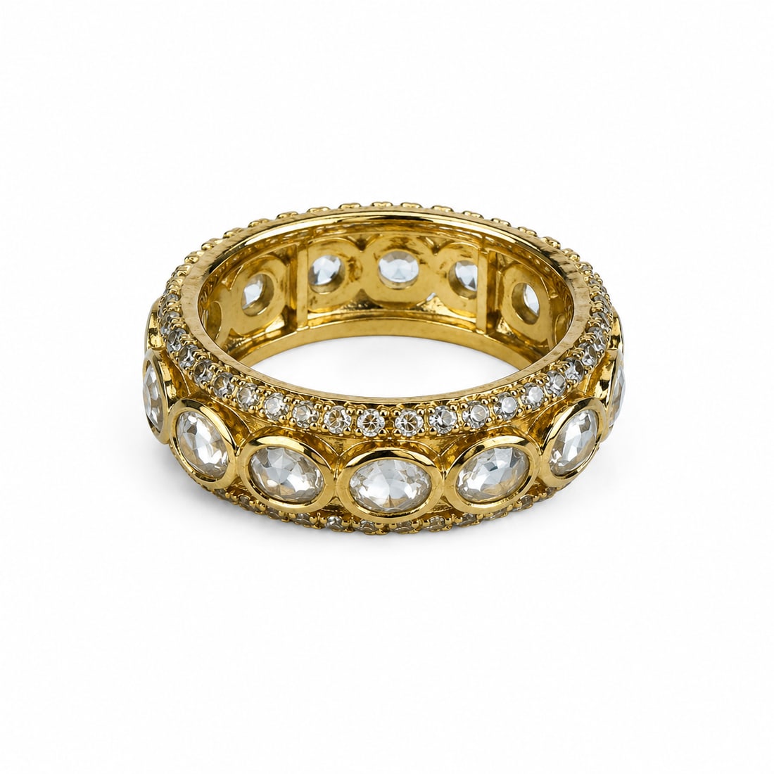 Oval CZ Eternity Band Gold Ring: Gold ring featuring a continuous row of large oval-cut cubic zirconia stones framed by smaller round CZ accents along the upper and lower edges. Wide eternity-band design with bezel-set oval