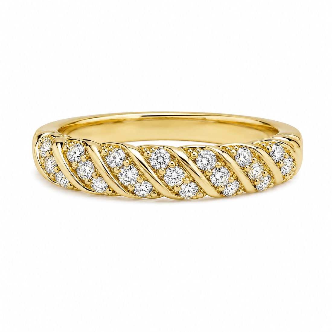 CZ Twist Band 925 Gold Ring: Gold ring featuring rows of round cubic zirconia arranged in a twisted, diagonal pattern across the band. The polished gold design creates a braided look between the sparkling CZ sections. Marked