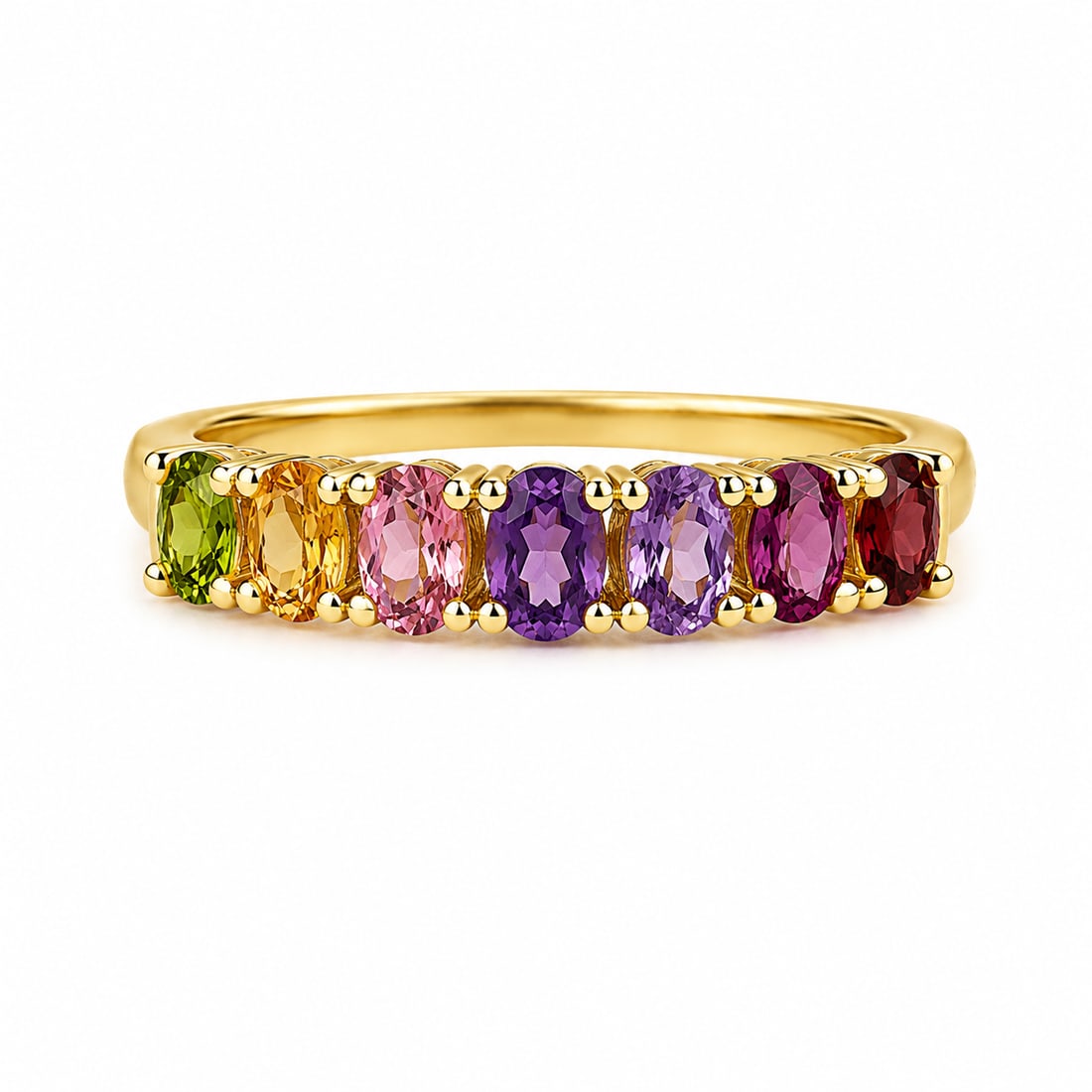 Multi-Gemstone Gold Band Ring: Gold ring featuring a row of oval-cut multicolor gemstones, including peridot, citrine, pink topaz, amethyst, garnet, and additional richly colored stones in a prong-set design. Marked BBJ 3K. Ring