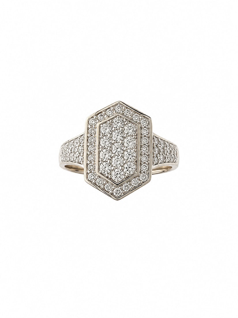 Geometric Pavé Crystal Silver Ring: 925-marked silver ring featuring an elongated geometric hexagonal centerpiece with rows of round clear stones. The center is framed by a pavé border, with additional clear stones Ships from Newport B