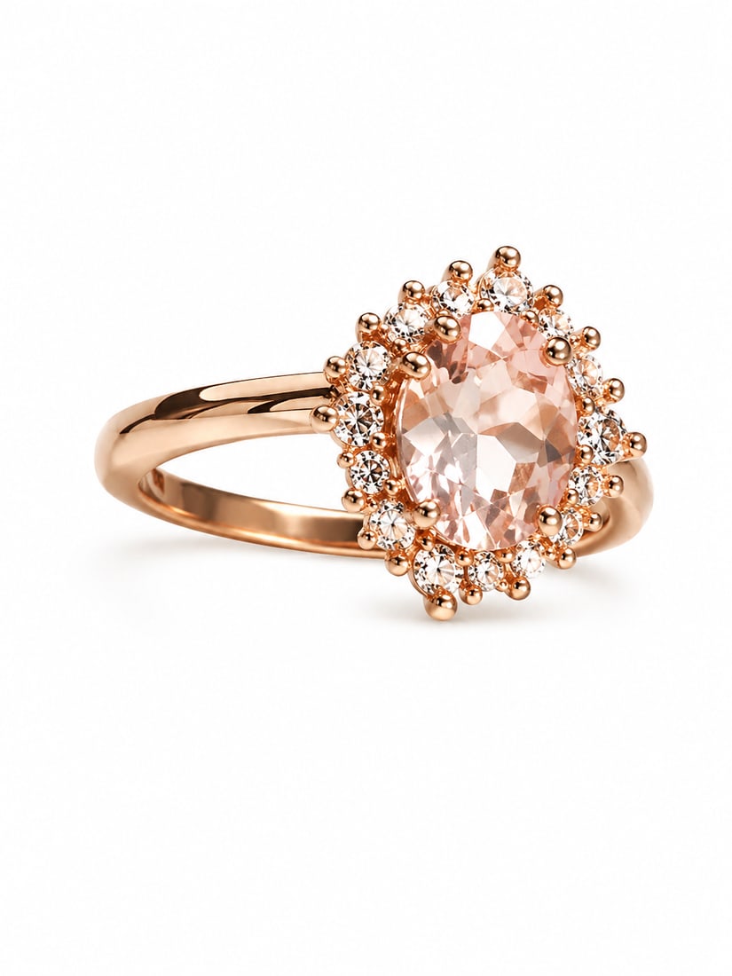 Pink Morganite Oval Halo Rose Gold Ring: Rose gold ring featuring a large oval-cut pink morganite center stone surrounded by a halo of round white crystal accents. The elevated prong setting and delicate band give the ring a classic