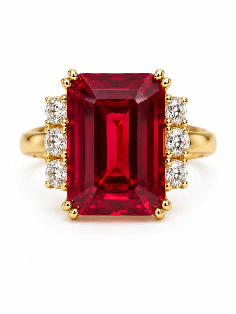 Garnet Emerald-Cut Statement Ring: Gold ring featuring a large emerald-cut garnet center stone accented by three round white crystals on each side. The bold rectangular center and symmetrical accent setting create a striking statement 