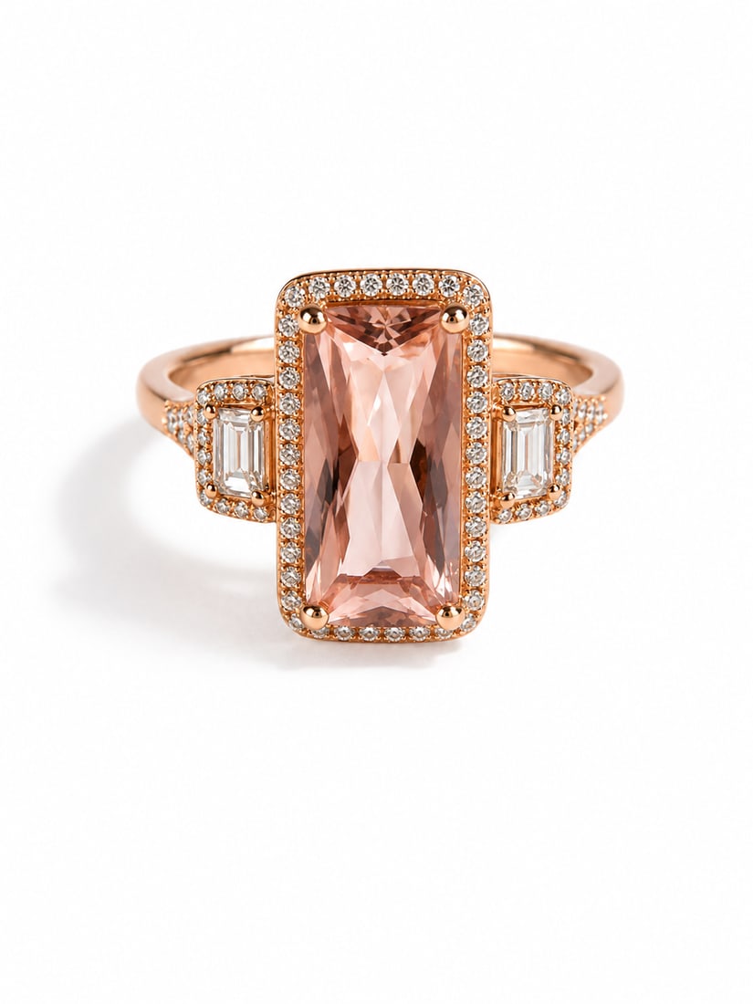 Morganite & White Crystal Rose Gold Sterling Ring: Rose gold sterling silver ring featuring a large elongated rectangular-cut morganite center stone framed by a sparkling halo of white crystals. Baguette-cut white stones accent each side, with additio