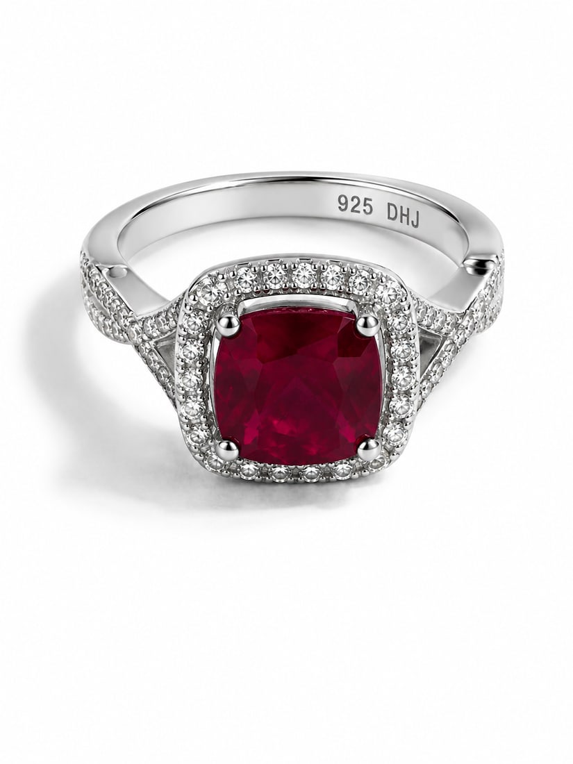 Ruby & White Crystal 925 Sterling Silver Halo Ring: Sterling silver ring featuring a rich red cushion-cut ruby center stone surrounded by a sparkling halo of white crystals. Additional crystal accents extend along the split shoulders for added brillian