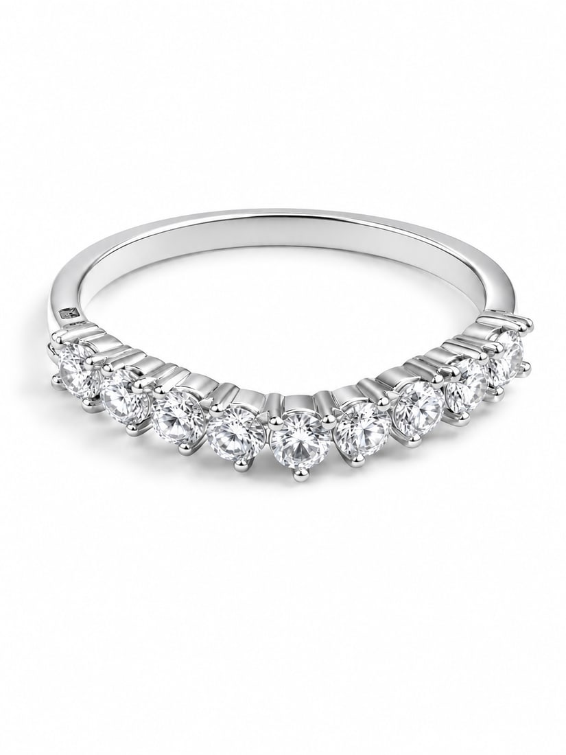 White Crystal 925 Sterling Silver Graduated Band Ring: Sterling silver band ring featuring a graduated row of round-cut white crystals across the front. The stones increase toward the center, creating a classic curved silhouette with a polished silver fin