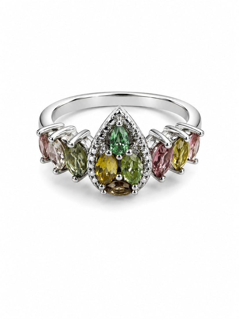 Multicolor Pear-Cut Gemstone 925 Silver Ring: 925 silver ring featuring a colorful arrangement of pear-cut gemstones in shades of green, pink, yellow, champagne, and olive. The center features a teardrop-shaped cluster framed with delicate accent