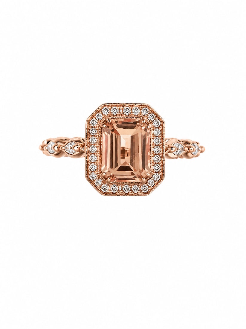 Morganite & Crystal 925 Rose Gold Ring: Rose gold ring featuring a rectangular emerald-cut morganite center stone framed by a halo of round crystal accents. The braided band is accented with additional crystals for an intricate, feminine fi