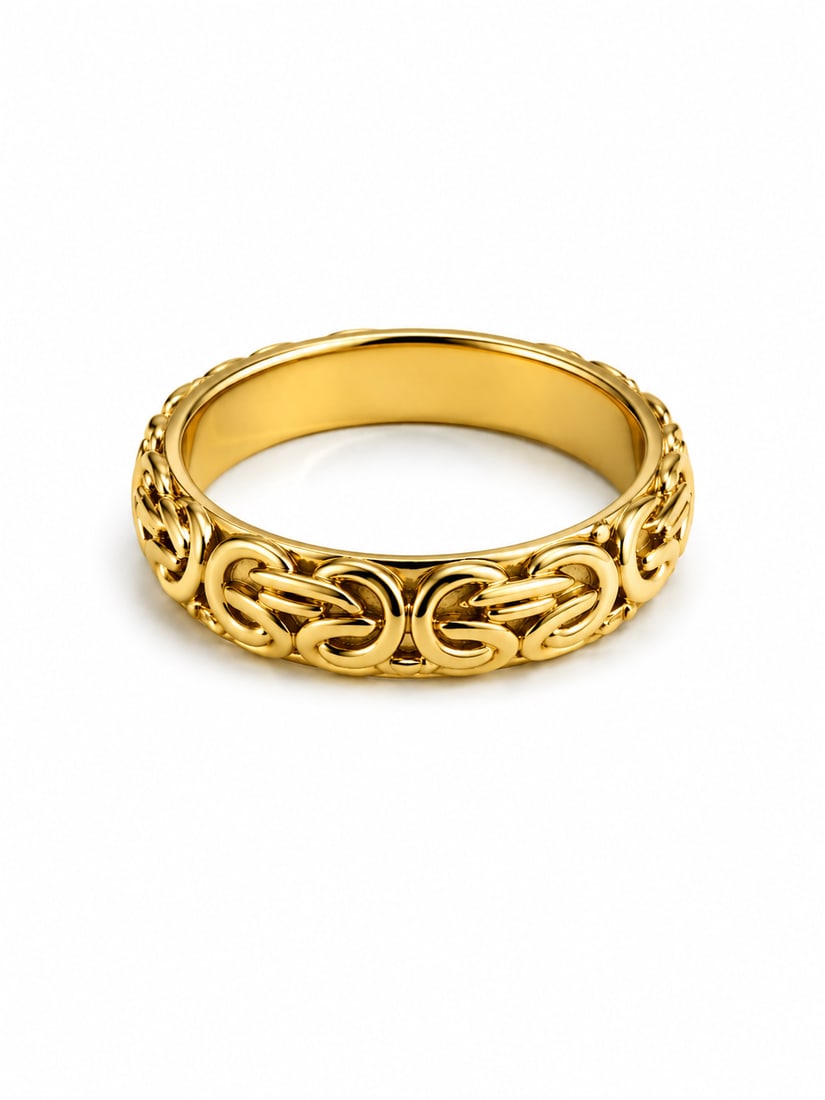 Bellezza ITAOR Gold Byzantine Link Band Ring: Gold ring featuring an ornate Byzantine-inspired interlocking link design around the band with a smooth polished interior. The interior is signed BELLEZZA ITAOR, adding a distinctive designer marking 
