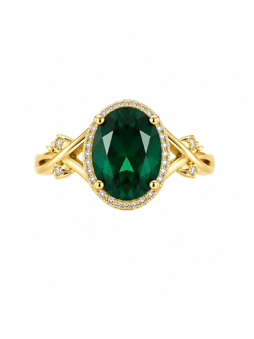 Emerald & CZ Halo Gold Sterling Silver Ring: Gold 925 sterling silver ring featuring a large oval-cut emerald center stone framed by a halo of sparkling CZ accents. The band features an elegant openwork design with additional CZ detailing along 