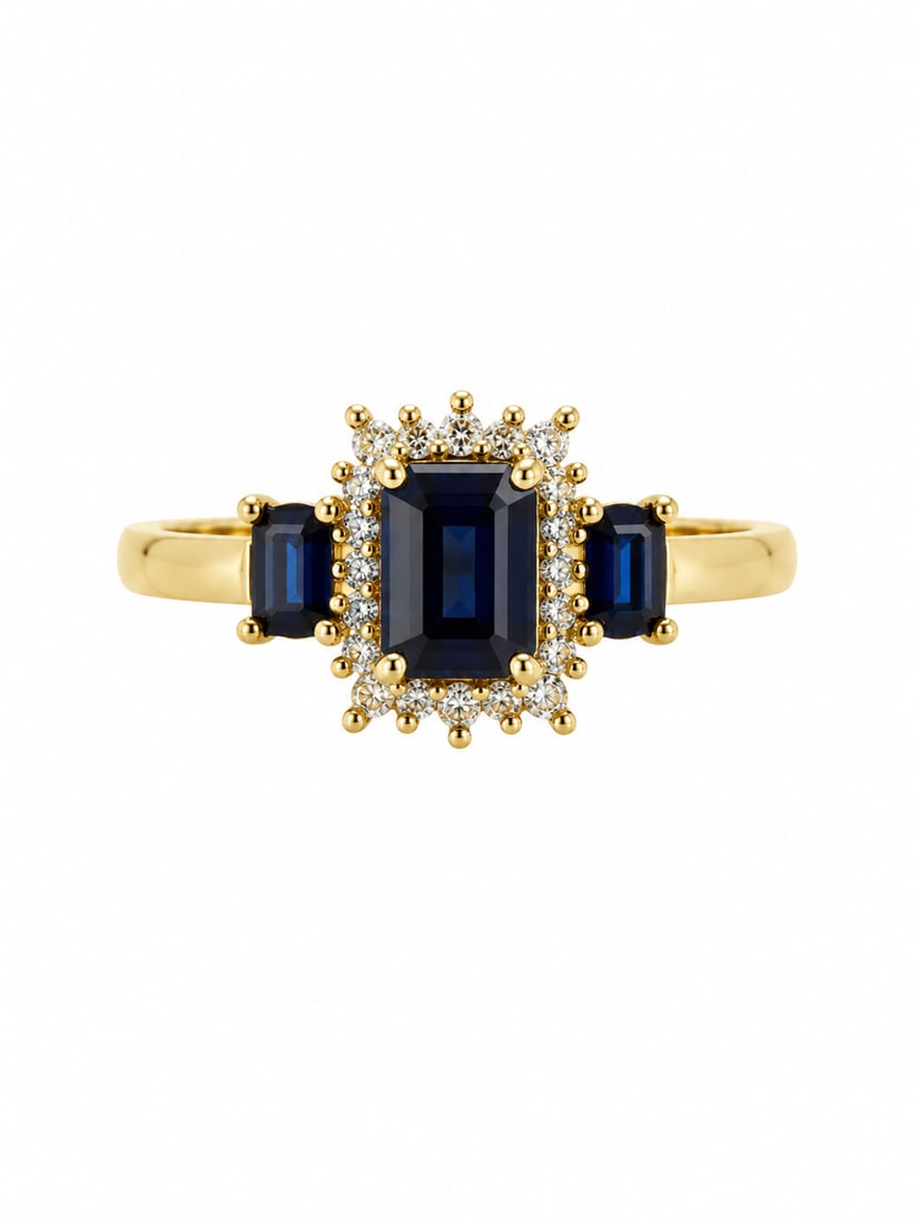 14K Gold Sapphire & Diamond Halo Ring: 14K gold ring featuring a rectangular emerald-cut deep blue sapphire center stone, accented by two matching sapphire side stones and a surrounding halo of diamond accents. Classic three-stone design w