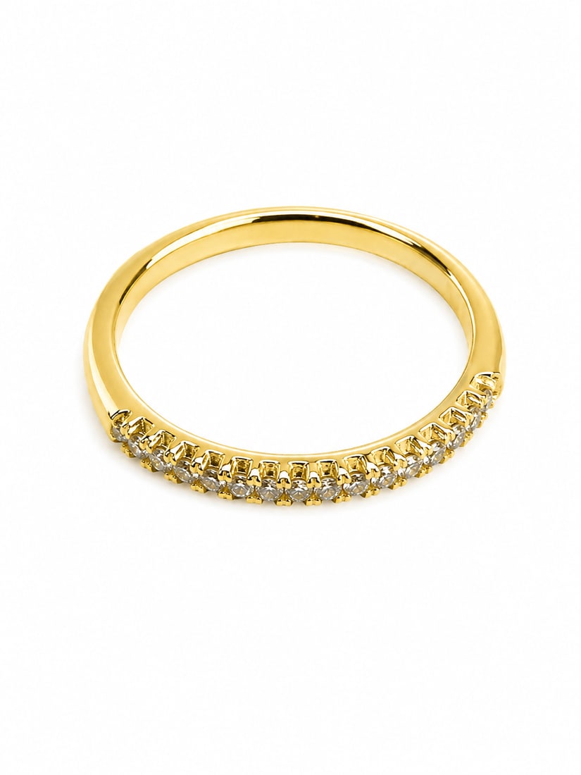 Sterling Gold Round CZ Half-Eternity Band Ring: Gold 925 sterling silver band featuring a classic row of round-cut CZ stones across the front in individual prong settings. A sleek polished band and sparkling half-eternity design make this an elegan