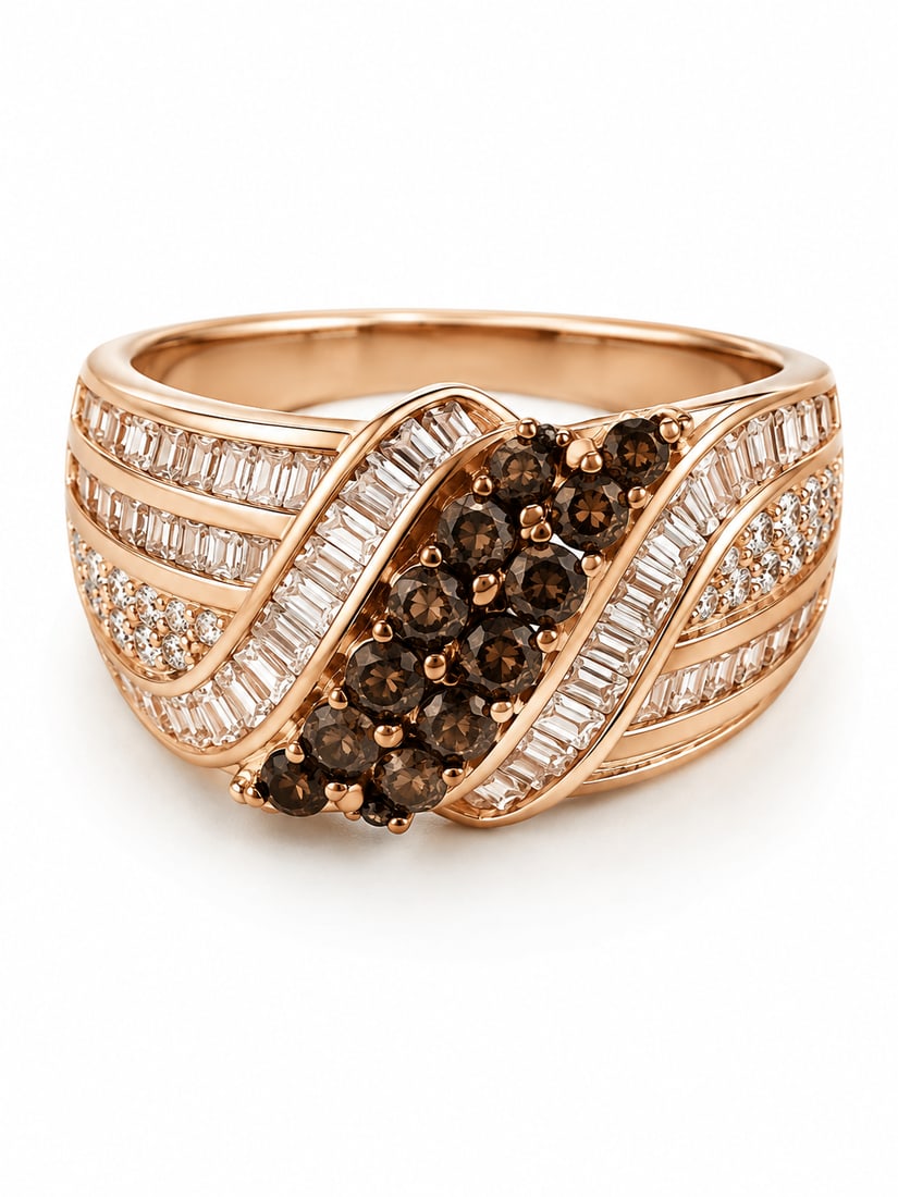 Sterling Smoky Quartz & CZ Rose Gold Statement Ring: Rose gold 925 sterling silver ring featuring round smoky quartz stones through the center, accented by sweeping rows of baguette-cut and round CZ stones. Wide crossover design with an intricate multi-