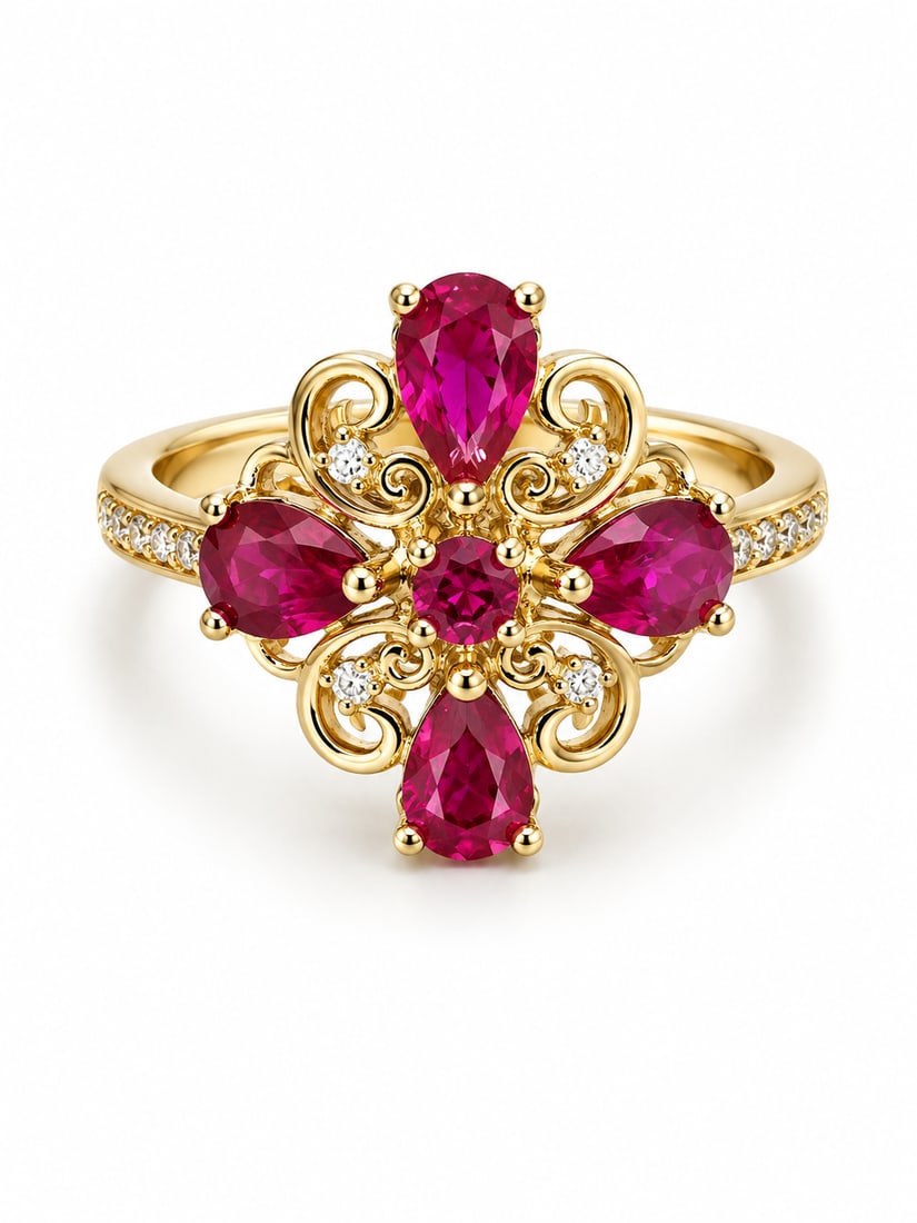 Sterling Silver Ruby Floral Filigree Ring: Ornate 925 sterling silver ring featuring a rich gold finish and an elaborate floral-inspired design. The centerpiece is arranged with vivid ruby-red pear, oval, and round-cut stones accented by spark