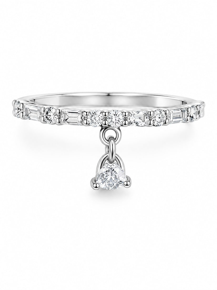 Sterling CZ Mixed-Cut Dangle Ring: 925 sterling silver ring featuring alternating round and baguette-cut cubic zirconia across the band. A sparkling trillion-cut CZ charm suspends from the center, adding movement and a distinctive