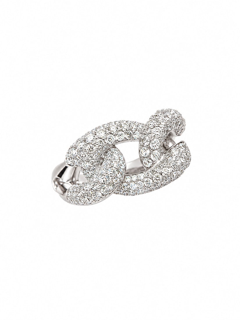 Sterling Pavé CZ Cuban Link Statement Ring: Bold 925 sterling silver statement ring featuring an oversized Cuban link design covered in sparkling pavé-set cubic zirconia. The sculptural interlocking links create a dimensional, high-impact look