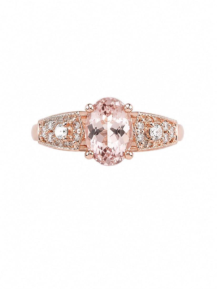Sterling Morganite Oval Rose Gold Ring: 925 sterling silver ring with a rose gold finish, featuring a large oval-cut morganite centerpiece in a four-prong setting. The shoulders feature ornate detailing with sparkling white stone accents, c