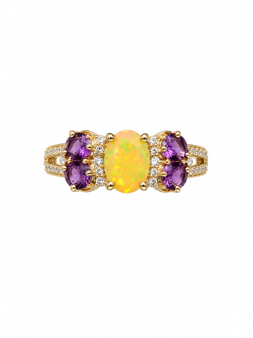 Sterling Opal & Amethyst Gold Ring: 925 sterling silver ring with a gold finish, featuring an oval opal center stone displaying vivid yellow-green fire. Four round amethyst stones flank the center, accented by sparkling white stones and