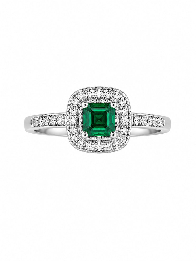 Emerald & CZ Halo 925 Sterling Silver Ring: 925 sterling silver ring featuring a square emerald center stone surrounded by a double halo of sparkling cubic zirconia. Additional CZ accents line the shoulders for a brilliant, classic halo design.