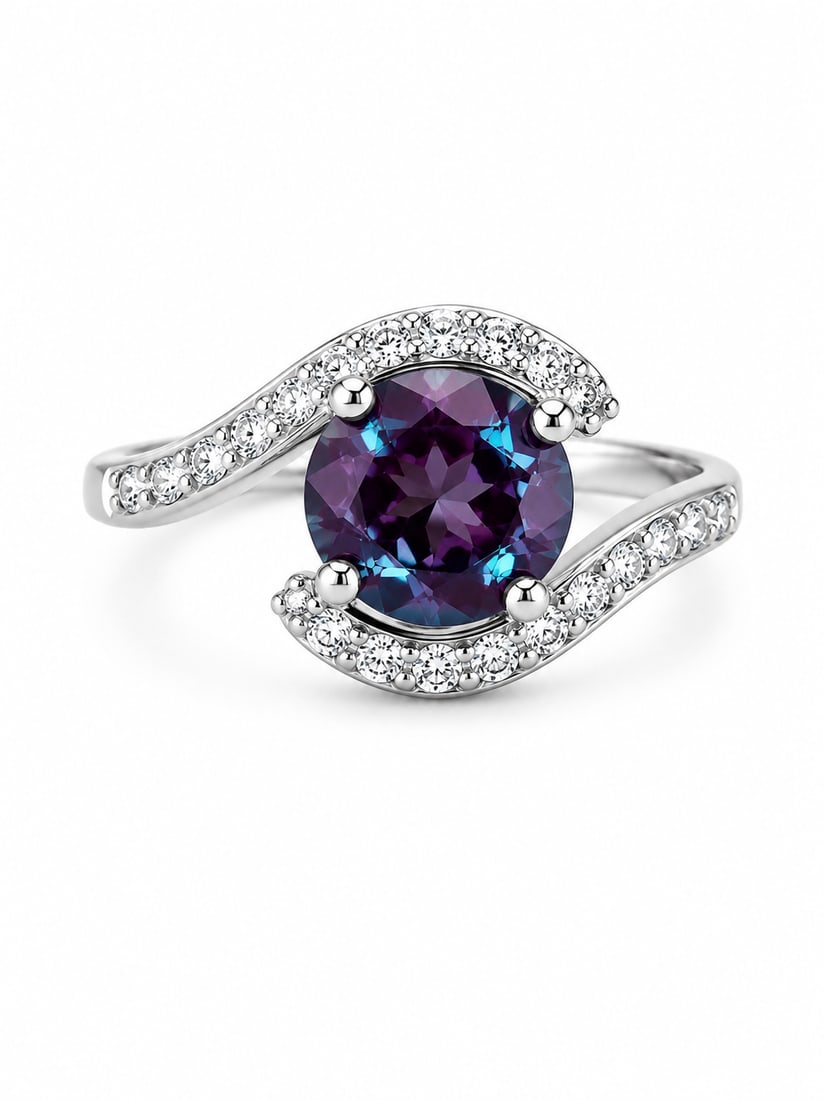 Mystic Topaz & CZ Swirl 925 Sterling Silver Ring: 925 sterling silver ring featuring a round mystic topaz center stone with vivid purple, blue, and teal flashes. Sweeping rows of sparkling cubic zirconia curve around the center stone in an elegant by
