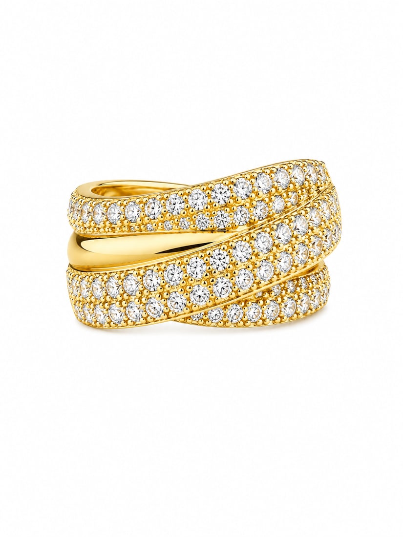 Gold CZ Multi-Row Crossover Statement Ring: Gold ring featuring an elegant multi-row crossover design accented with numerous round cubic zirconia stones. The layered sweeping bands create a bold, dimensional statement look with extensive sparkl
