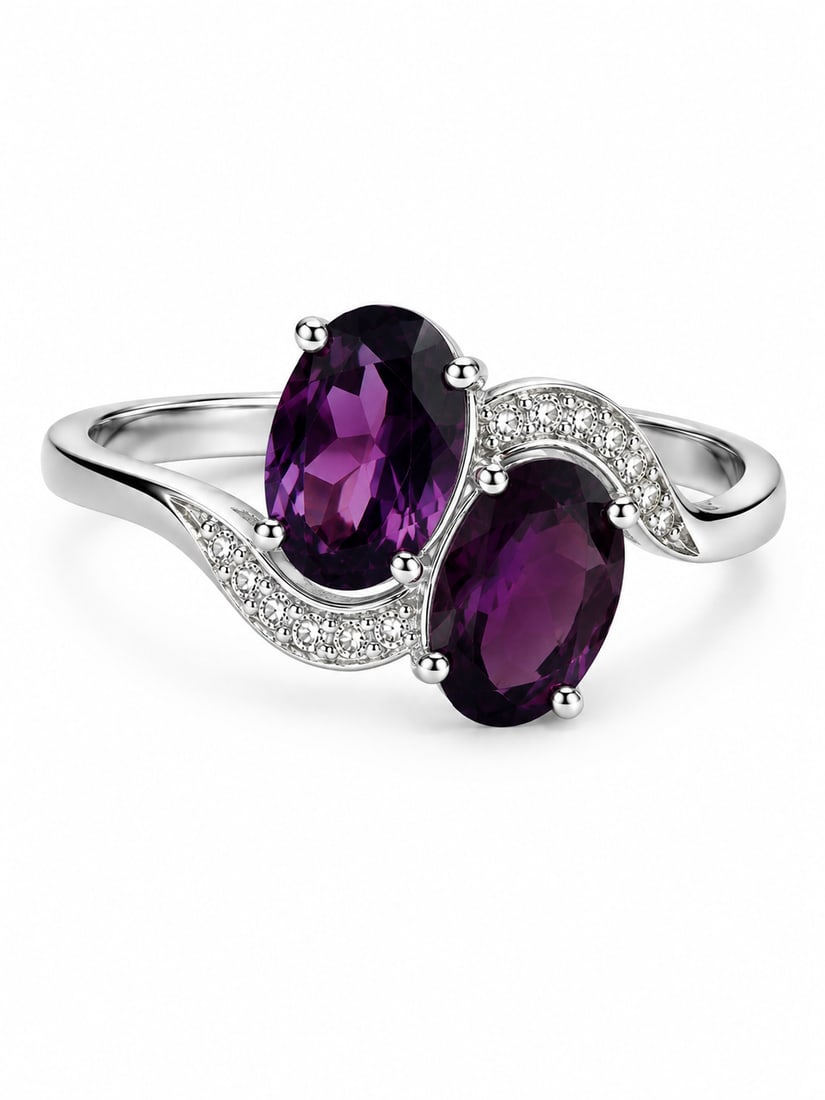 Amethyst & CZ Two-Stone 925 Sterling Silver Ring (1 of 1)