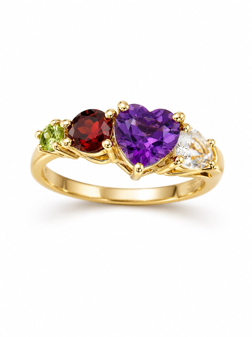Amethyst Heart Multi-Gemstone Gold Ring: Gold ring featuring a prominent heart-cut amethyst accented by garnet, peridot, and a pear-cut white gemstone. The graduated multicolor gemstone arrangement creates a distinctive asymmetrical design.