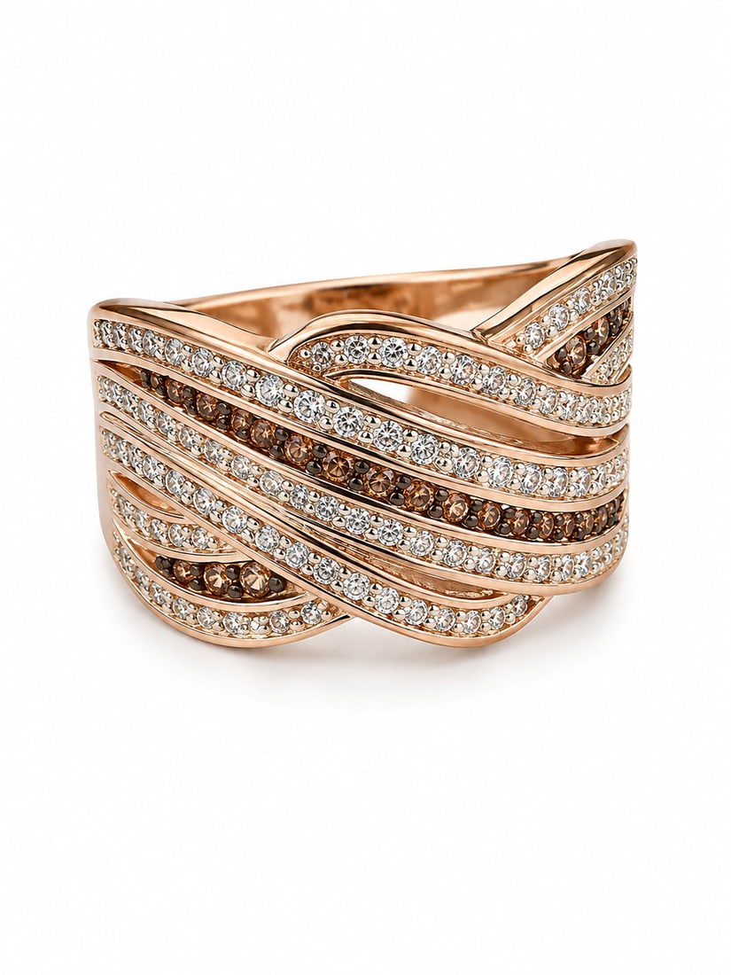 Smoky Quartz & CZ 925 Sterling Silver Rose Gold Ring: 925 sterling silver ring with a rose gold finish, featuring an intricate layered wave design accented with rows of smoky quartz and cubic zirconia stones. The wide crossover silhouette creates a bold,