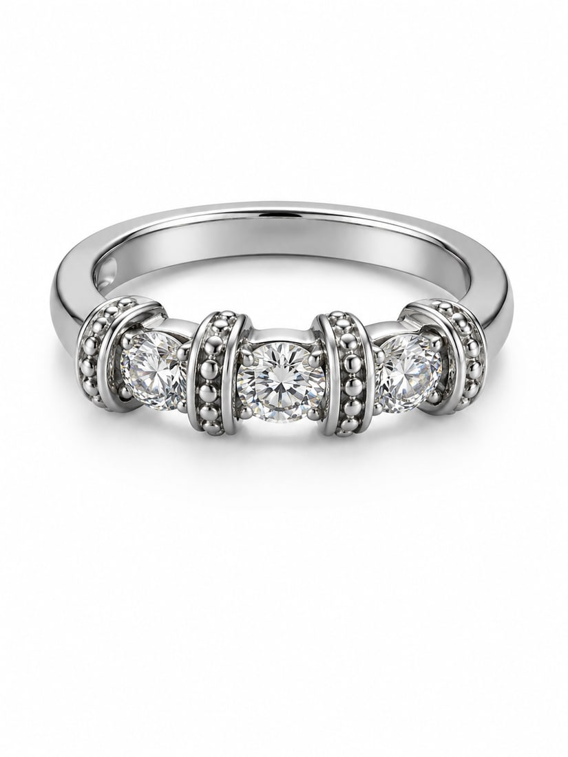 Three-Stone CZ 925 Sterling Silver Band Ring: Sterling silver ring featuring three round-cut cubic zirconia stones across the center, accented by polished bar details with beaded edging. A substantial band design with a clean, classic look. Size: