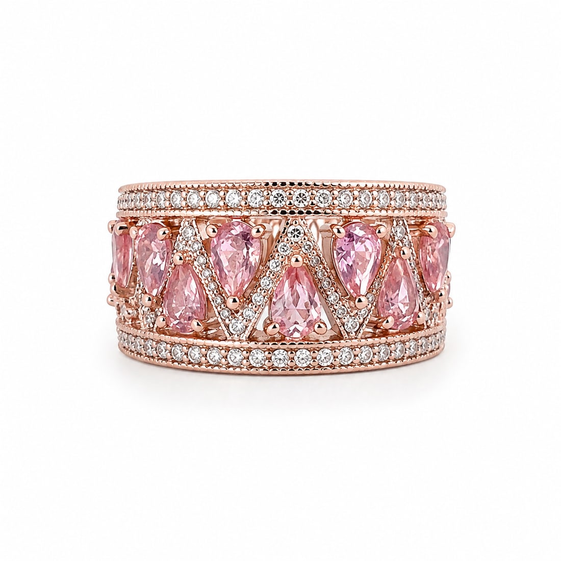Pink Morganite 925 Sterling Silver Rose Gold Ring: Rose gold ring featuring alternating pear-cut pink morganite stones arranged in an ornate openwork design. Rows of sparkling CZ accents frame the top and bottom, with additional accents throughout