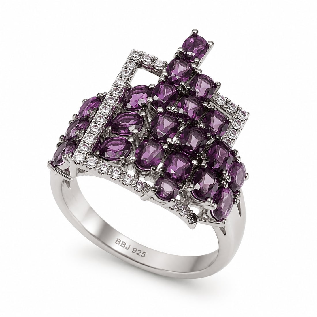 Fire Opal & Citrine 925 Sterling Silver Gold Ring: Striking sterling silver statement ring featuring a dramatic geometric cluster of faceted purple amethyst gemstones in mixed oval and round cuts. The layered arrangement is framed with sparkling white