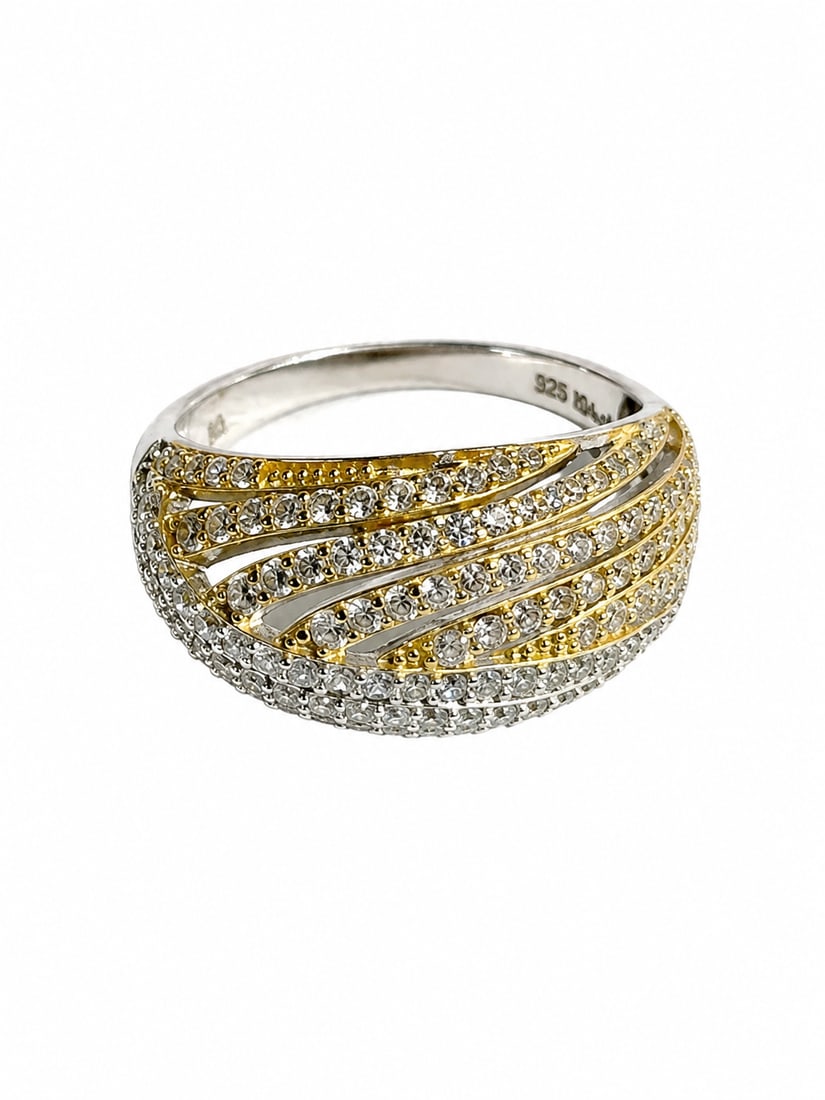 Two-Tone CZ Wave 925 Sterling Silver Statement Ring: 925 sterling silver statement ring featuring an elegant layered wave design with contrasting gold and silver detailing. Multiple sweeping rows are set with sparkling cubic zirconia, creating a wide