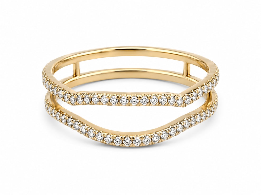 Gold CZ Double Wave Open Band Ring: Gold ring featuring a modern double-band wave design lined with rows of sparkling round cubic zirconia. The open layered construction creates a sleek, contemporary silhouette with continuous