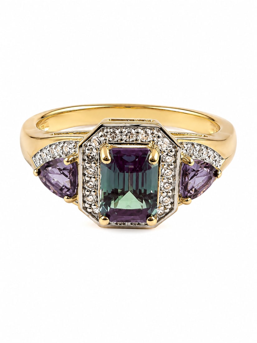 Sterling Gold Ring with Mystic Topaz & Amethyst: 925 sterling silver ring featuring a large emerald-cut mystic topaz center stone with shifting green and purple hues. Accented by trillion-cut amethyst stones on each side and sparkling white stone ac