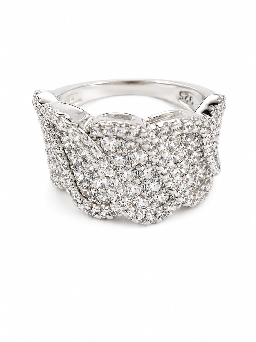 Sterling Crystal Statement Ring: 925 sterling silver statement ring featuring an ornate layered design covered in sparkling round crystal accents. The overlapping curved sections create a bold, dimensional look across the front of th