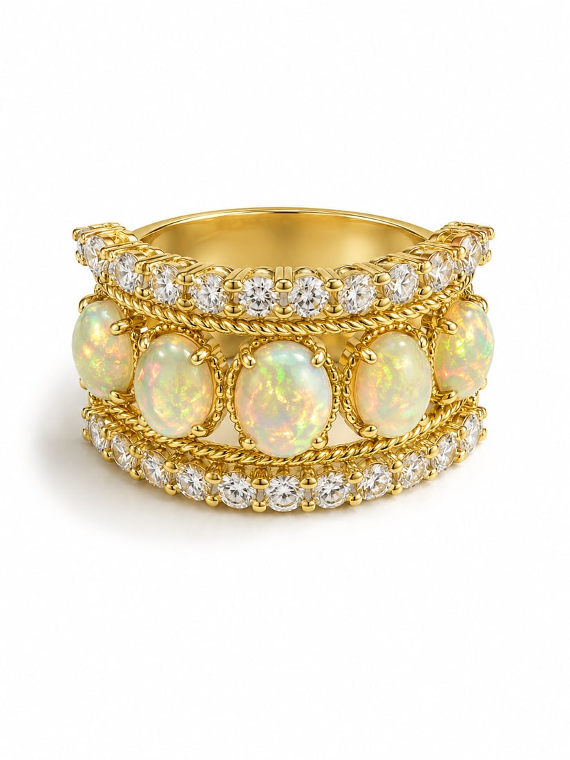 Sterling Gold Opal & Crystal Wide Statement Ring: Striking 925 sterling ring in a rich gold finish featuring a row of luminous oval opal stones displaying flashes of green, yellow, and pink. The opals are framed by sparkling white crystal accents
