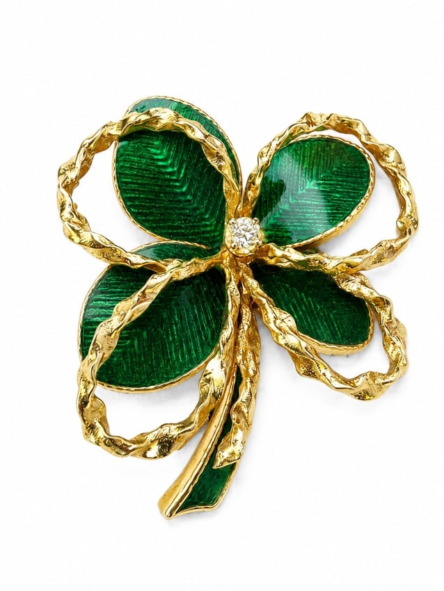 18K Gold Diamond Green Enamel Flower Brooch Art Nouveau