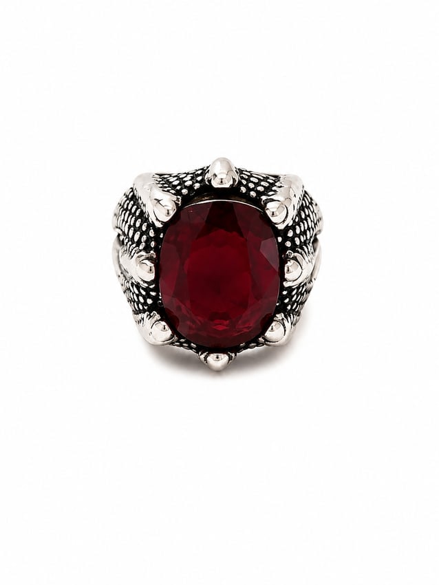 Silver Ring with Garnet Oval Center Stone & Textured Setting: Silver ring featuring a large oval deep red garnet center stone set in a bold textured setting with decorative raised detailing around the stone and shoulders. Ships from Newport Beach, CA. Proceeds g