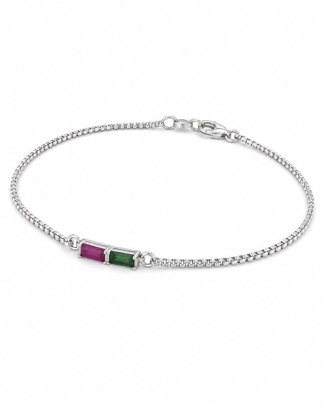 Silver Bracelet with Ruby & Emerald Rectangular Gemstone Accents - 3
