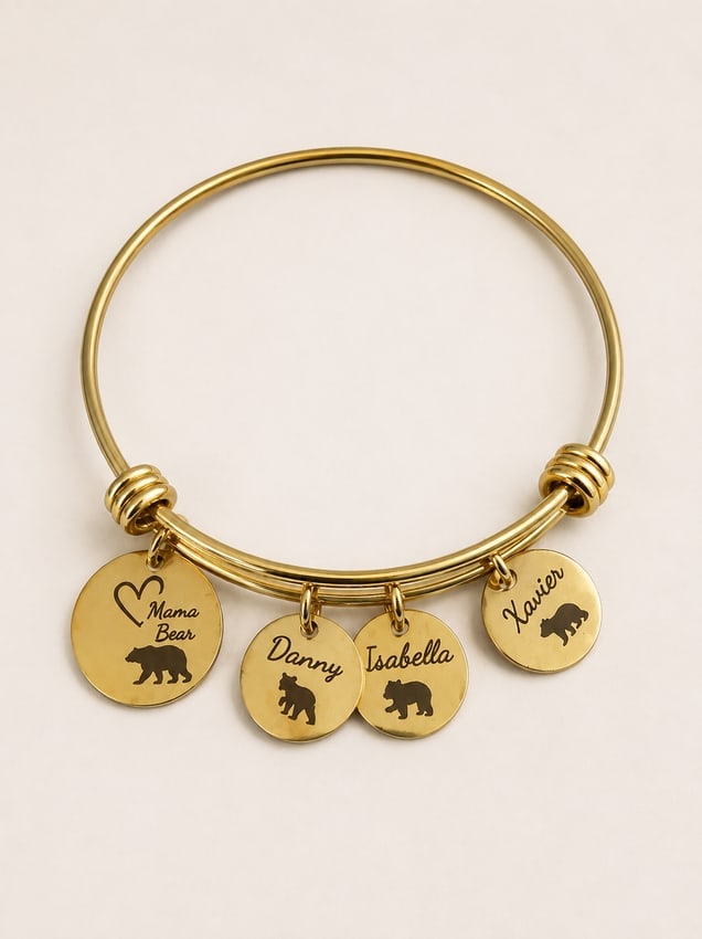 Gold Personalized Bear Charm Bangle