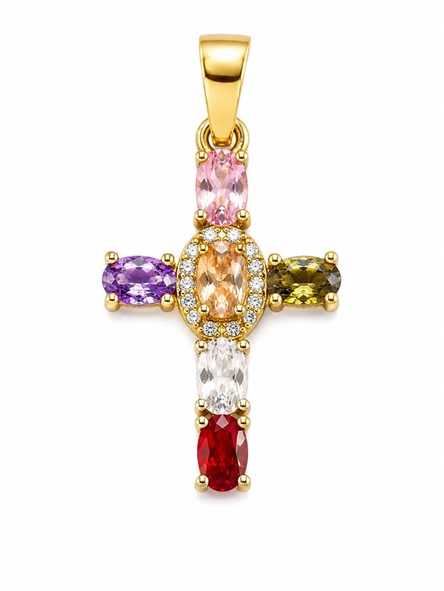 Gold Cross Pendant with Multicolor Gemstone Accents: Gold cross pendant featuring a mix of pink, purple, green, red, and clear faceted stones arranged throughout the cross design. The center is accented with smaller clear cubic zirconia stones for added