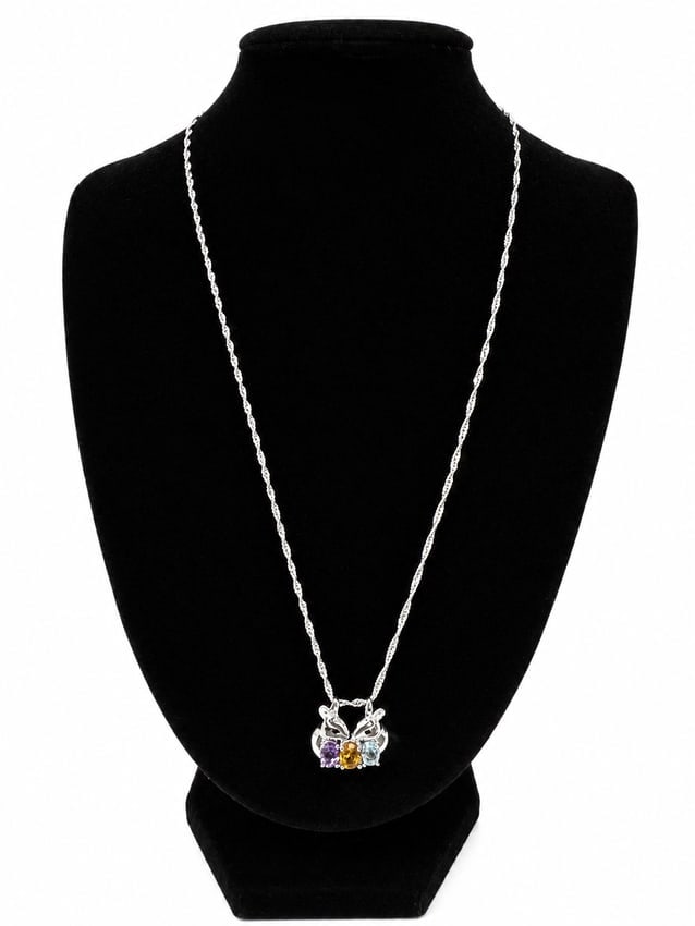 Silver Bunny Pendant Necklace with Multicolor Gemstone Accents