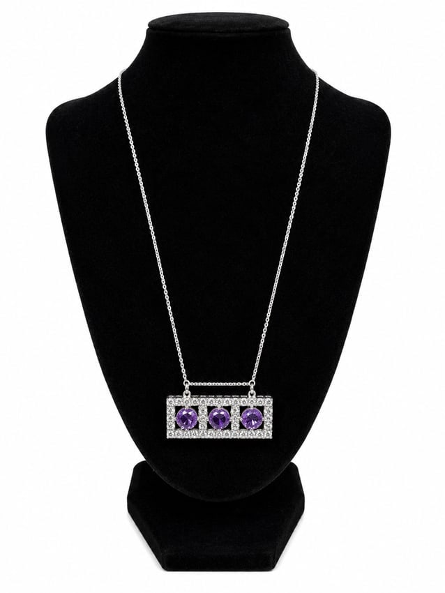 Silver Necklace with Amethyst Three-Stone Pendant