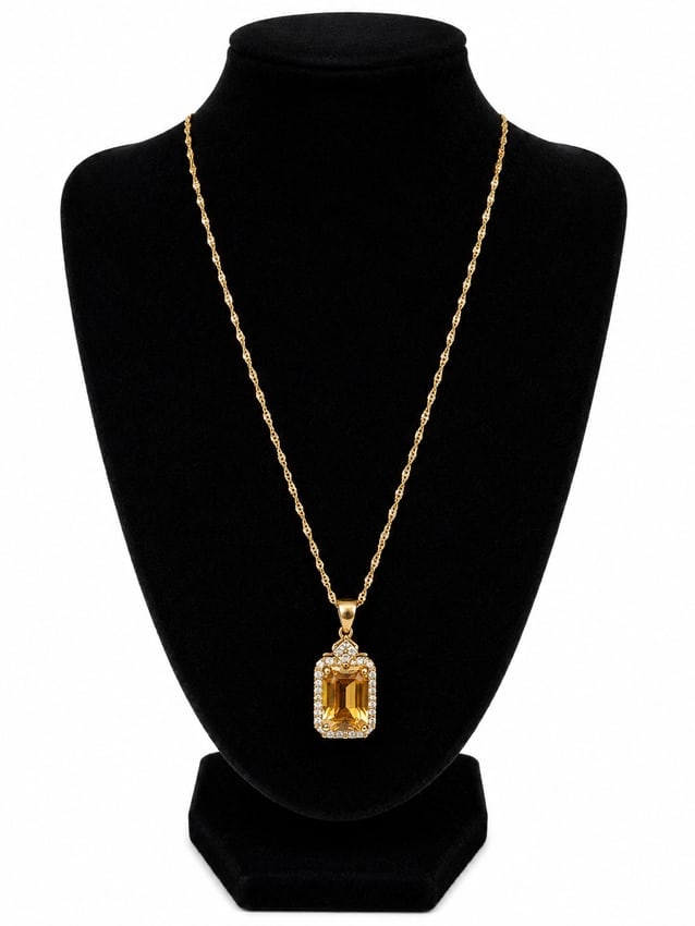 Gold Necklace with Citrine Rectangular Pendant & Cubic Zirconia Accents
