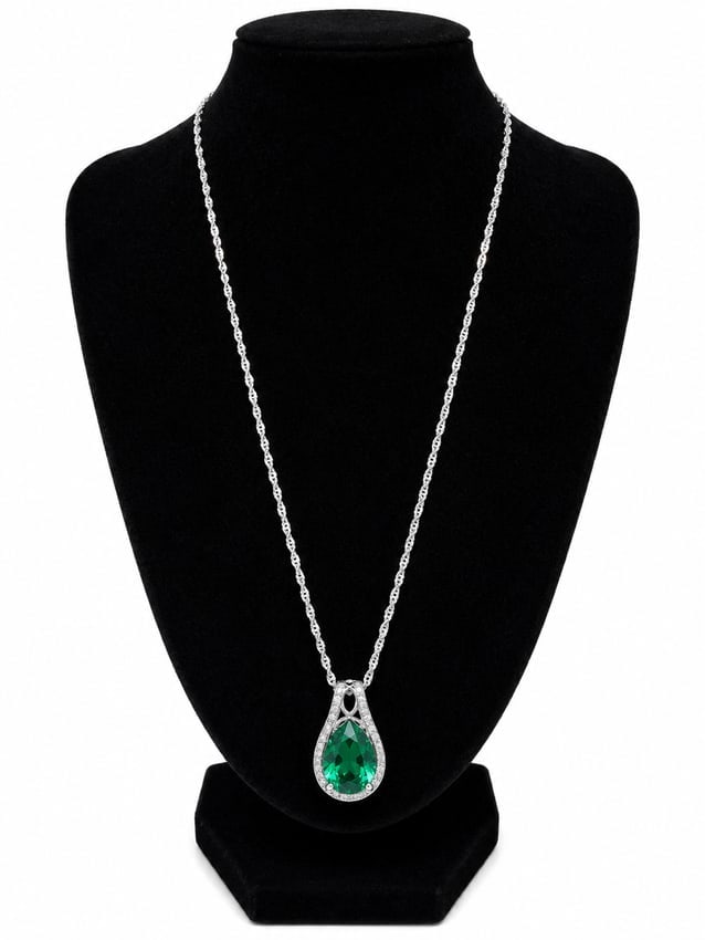 Silver Necklace with Emerald Pear-Shaped Pendant & Cubic Zirconia Halo (1 of 2)