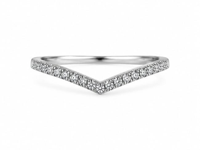 Sterling Silver Chevron Ring with Cubic Zirconia Accents: Sterling silver ring featuring a slim V-shaped chevron design accented with a continuous row of round clear cubic zirconia stones. Marked “925” for sterling silver. Size 9 Ships from Newport B
