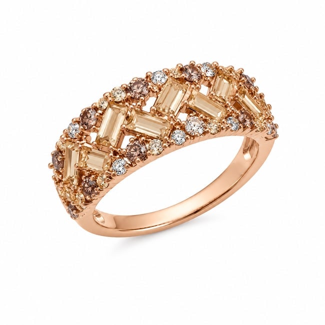 Rose Gold Ring with Champagne Baguette & Cubic Zirconia Accents: Rose gold ring featuring a wide openwork design set with rectangular champagne-colored baguette stones and smaller round clear cubic zirconia accents throughout. Size 9. Ships from Newport Beach, CA. 